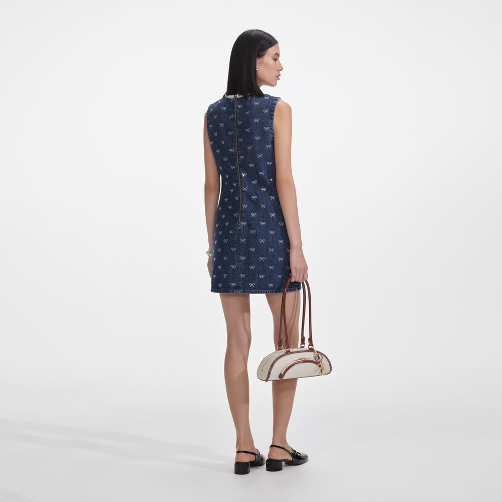 NWOT Self-Portrait DENIM DIAMANTE BOW MINI DRESS - Picture 4 of 17